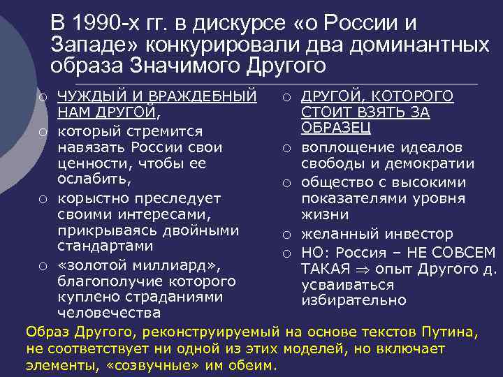 В 1990 -х гг. в дискурсе «о России и Западе» конкурировали два доминантных образа