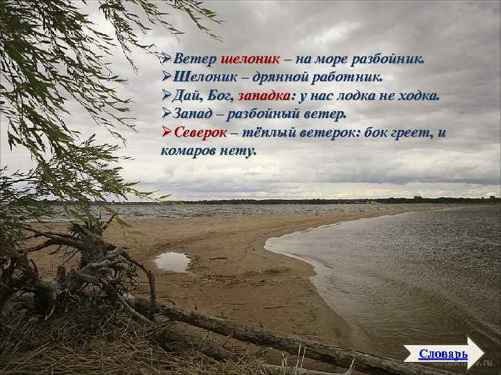 ØВетер шелоник – на море разбойник. ØШелоник – дрянной работник. ØДай, Бог, западка: у