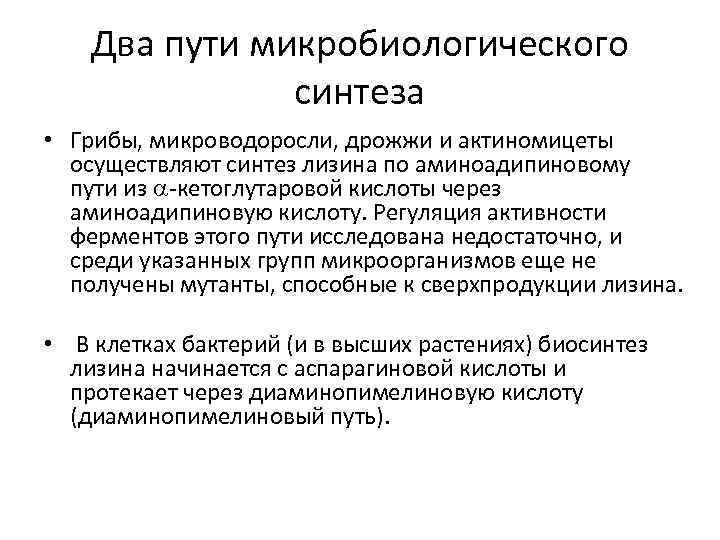 Два пути микробиологического синтеза • Грибы, микроводоросли, дрожжи и актиномицеты осуществляют синтез лизина по