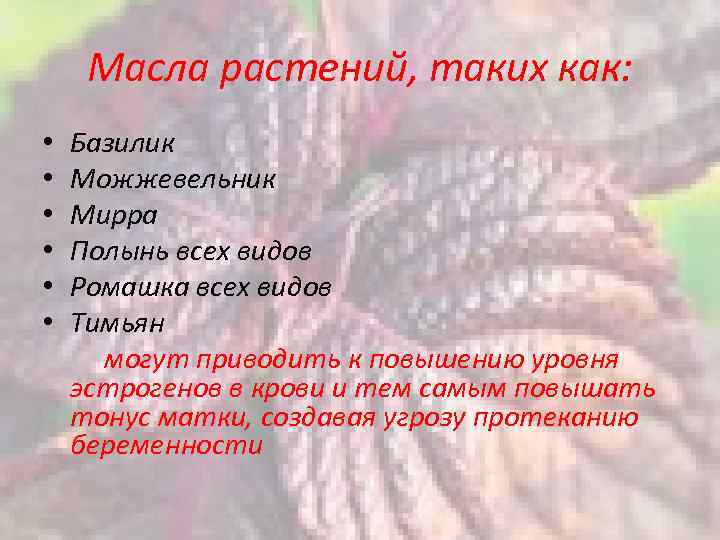 Масла растений, таких как: • • • Базилик Можжевельник Мирра Полынь всех видов Ромашка