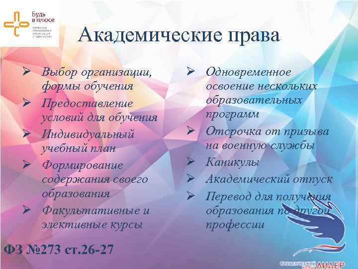 Академические права Ø Выбор организации, формы обучения Ø Предоставление условий для обучения Ø Индивидуальный