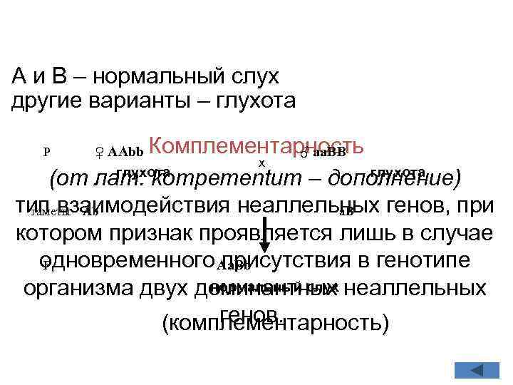 A и B – нормальный слух другие варианты – глухота Комплементарность ♂ aa. BB