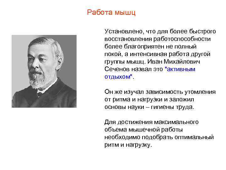 Работа мышц Установлено, что для более быстрого восстановления работоспособности более благоприятен не полный покой,