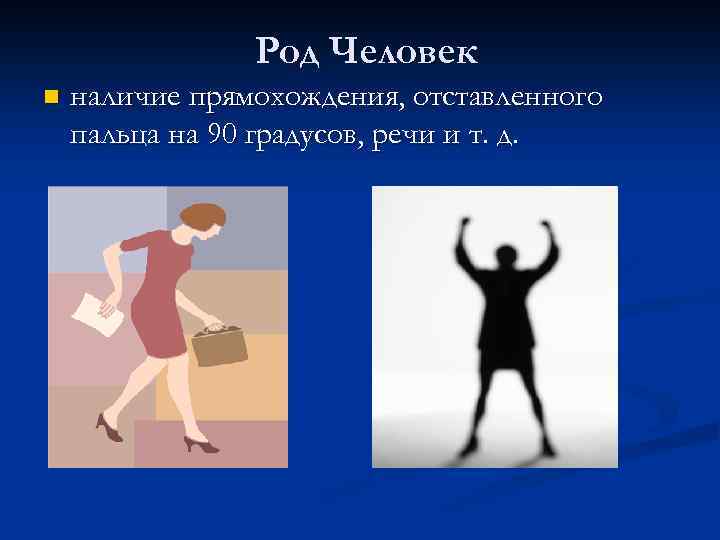 Род Человек n наличие прямохождения, отставленного пальца на 90 градусов, речи и т. д.