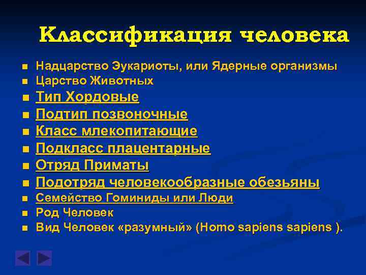 Классификация человека n n n Надцарство Эукариоты, или Ядерные организмы Царство Животных Тип Хордовые