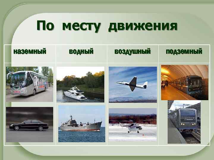 По месту движения наземный водный воздушный подземный 