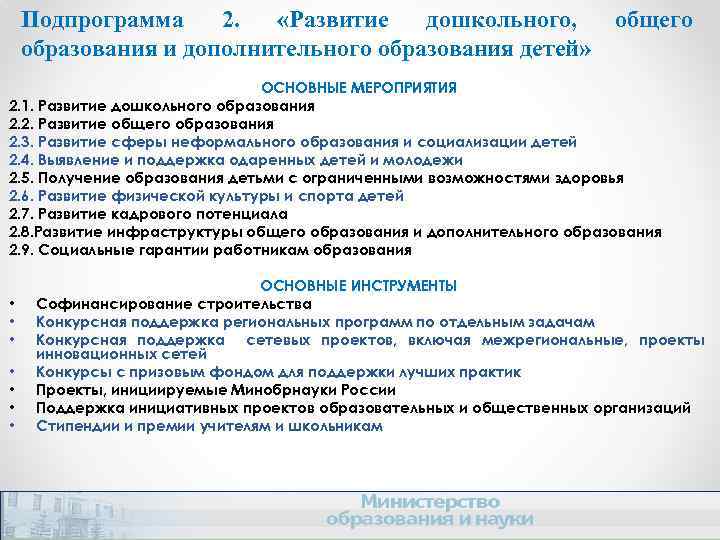 Подпрограмма 2. «Развитие дошкольного, образования и дополнительного образования детей» общего ОСНОВНЫЕ МЕРОПРИЯТИЯ 2. 1.