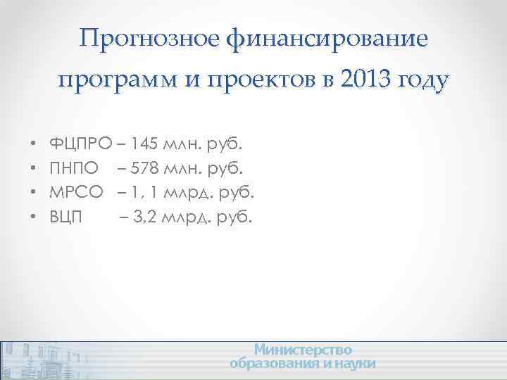 Прогнозное финансирование программ и проектов в 2013 году • • ФЦПРО – 145 млн.