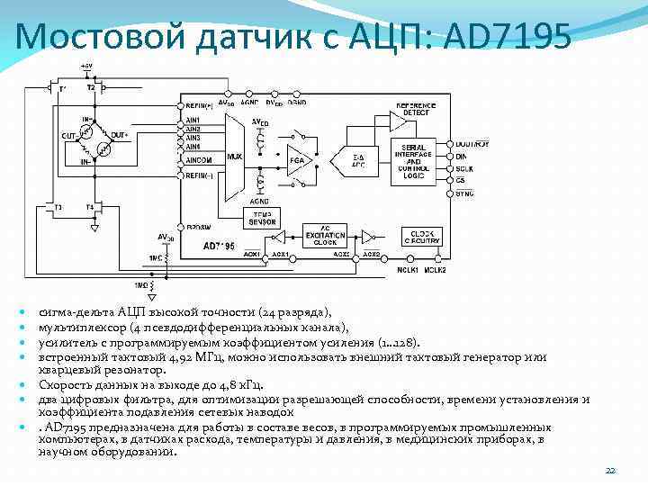 Мостовой датчик с АЦП: AD 7195 сигма-дельта АЦП высокой точности (24 разряда), мультиплексор (4