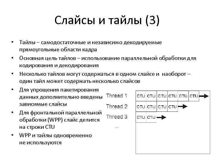 Слайсы и тайлы (3) • Тайлы – самодостаточные и независимо декодируемые прямоугольные области кадра