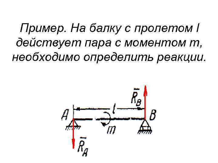 Пример. На балку с пролетом l действует пара с моментом т, необходимо определить реакции.