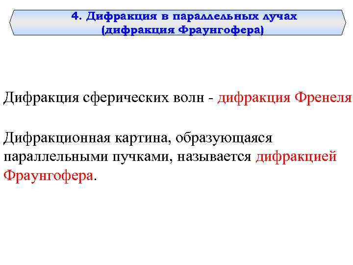 4. Дифракция в параллельных лучах (дифракция Фраунгофера) Дифракция сферических волн - дифракция Френеля. Дифракционная