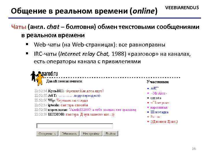 Общение в реальном времени (online) VEEBIARENDUS Чаты (англ. chat – болтовня) обмен текстовыми сообщениями