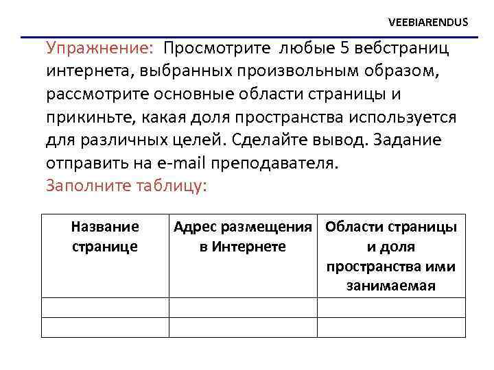 VEEBIARENDUS Упражнение: Просмотрите любые 5 вебстраниц интернета, выбранных произвольным образом, рассмотрите основные области страницы