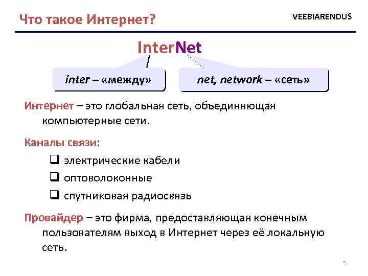 Что такое Интернет? VEEBIARENDUS Inter. Net inter – «между» net, network – «сеть» Интернет