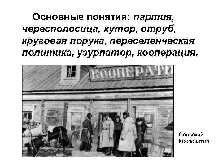 Основные понятия: партия, чересполосица, хутор, отруб, круговая порука, переселенческая политика, узурпатор, кооперация. Сельский Кооператив.