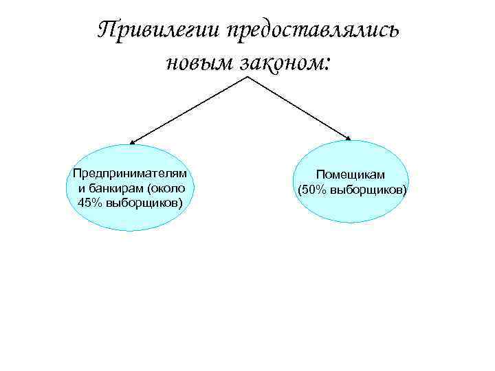 Привилегии предоставлялись новым законом: Предпринимателям и банкирам (около 45% выборщиков) Помещикам (50% выборщиков) 