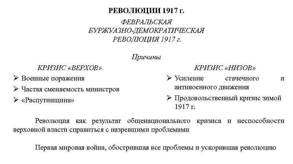 РЕВОЛЮЦИИ 1917 г. ФЕВРАЛЬСКАЯ БУРЖУАЗНО-ДЕМОКРАТИЧЕСКАЯ РЕВОЛЮЦИЯ 1917 г. Причины КРИЗИС «ВЕРХОВ» Военные поражения Частая