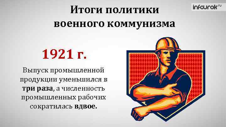 Итоги политики военного коммунизма 1921 г. Выпуск промышленной продукции уменьшился в три раза, а