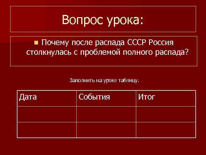 Заполните схему распад ссср хроника событий