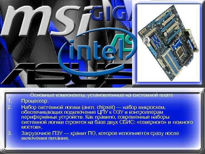 1. 2. 3. Основные компоненты, установленные на системной плате Процессор. Набор системной логики (англ.