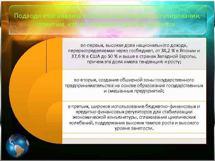 Подводя итог анализу кейнсианской модели регулирования, отметим, что ее главными чертами являются: во-первых, высокая