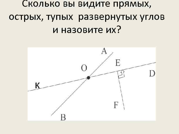 Сколько вы видите прямых, острых, тупых развернутых углов и назовите их? к 