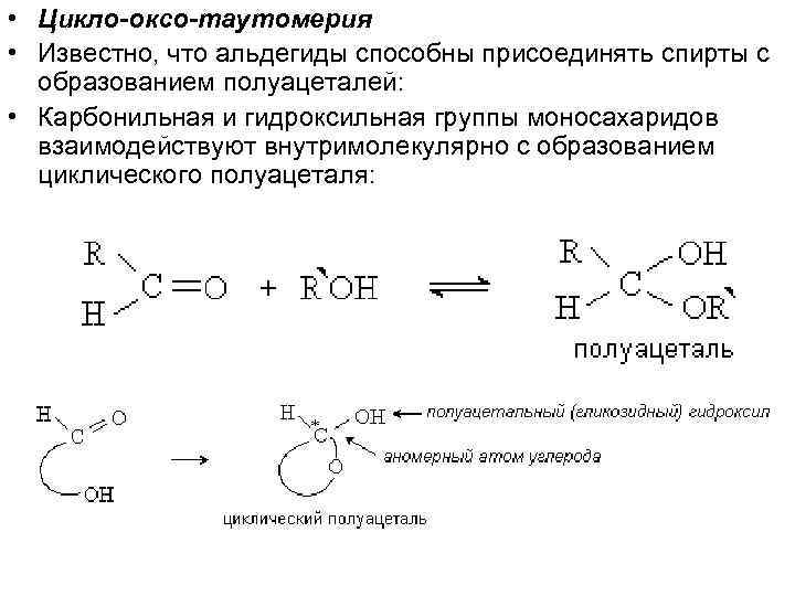  • Цикло-оксо-таутомерия • Известно, что альдегиды способны присоединять спирты с образованием полуацеталей: •