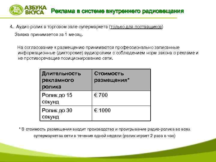 Реклама в системе внутреннего радиовещания 4. Аудио ролик в торговом зале супермаркета (только для