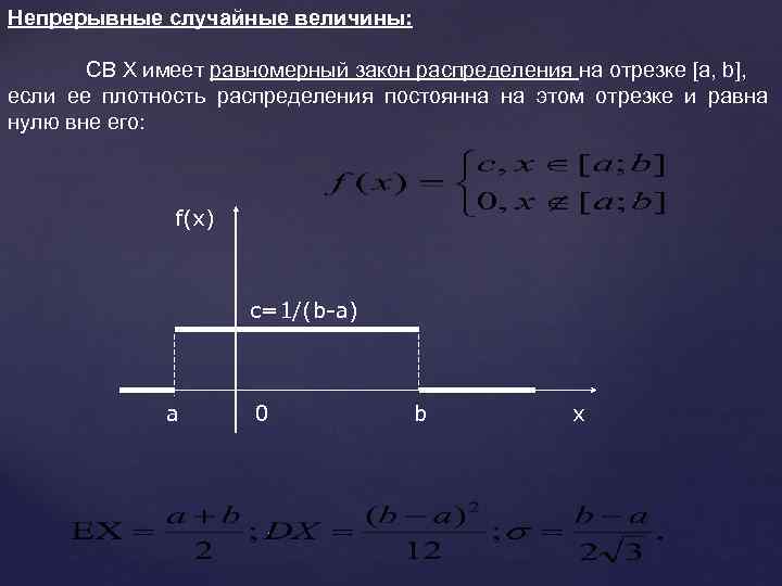 Непрерывные случайные величины: СВ Х имеет равномерный закон распределения на отрезке [a, b], если