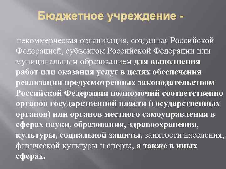Бюджетное учреждение некоммерческая организация, созданная Российской Федерацией, субъектом Российской Федерации или муниципальным образованием для