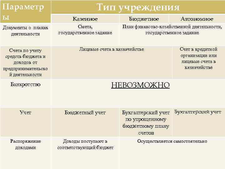 Параметр ы Документы о планах деятельности Счета по учету средств бюджета и доходов от