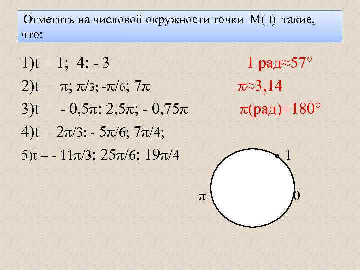 Отметить на числовой окружности точки М( t) такие, что: 1)t = 1; 4; -