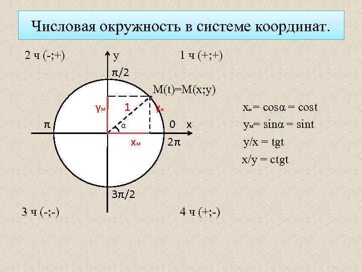 Числовая окружность в системе координат. 2 ч (-; +) у π/2 у. М π