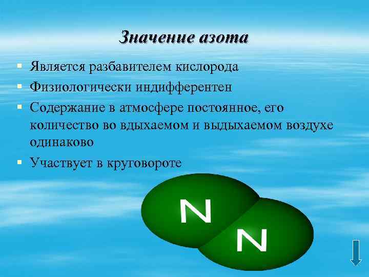 Значение азота § Является разбавителем кислорода § Физиологически индифферентен § Содержание в атмосфере постоянное,