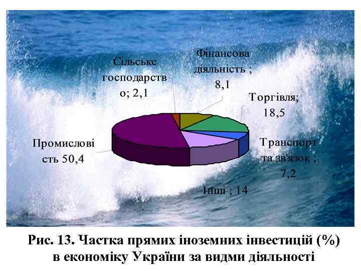 Рис. 13. Частка прямих іноземних інвестицій (%) в економіку України за видми діяльності 