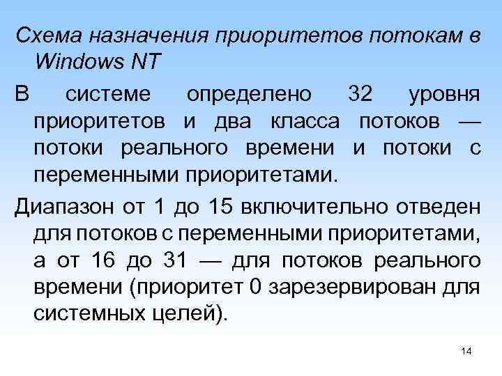 Схема назначения приоритетов потокам в Windows NT В системе определено 32 уровня приоритетов и