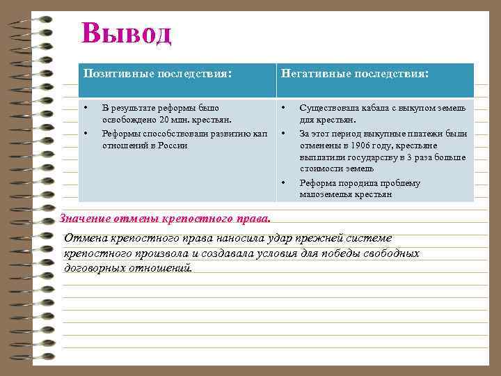 Вывод Позитивные последствия: Негативные последствия: • • • В результате реформы было освобождено 20