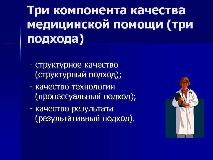 Три компонента качества медицинской помощи (три подхода) - структурное качество (структурный подход); - качество