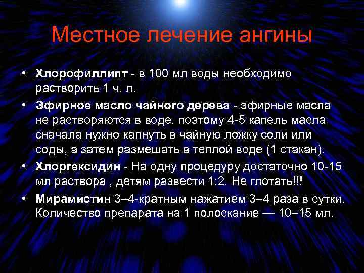 Местное лечение ангины • Хлорофиллипт - в 100 мл воды необходимо растворить 1 ч.