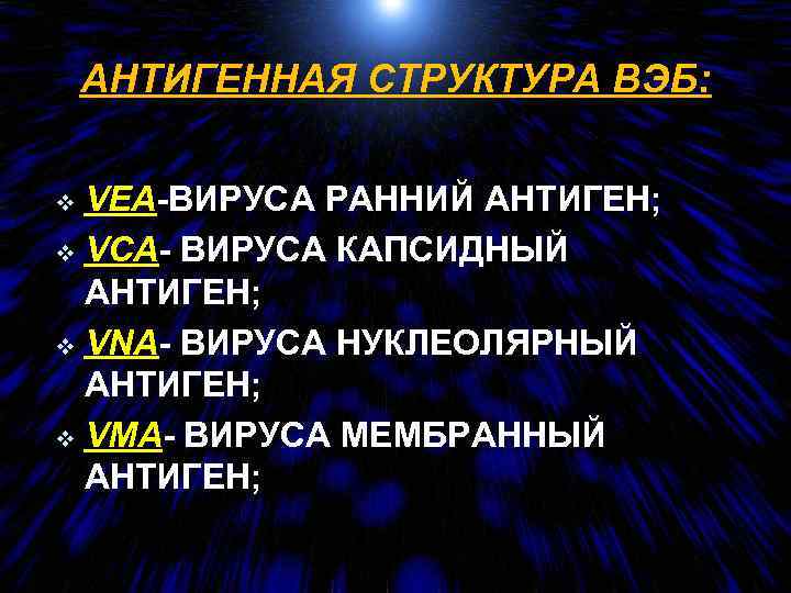 АНТИГЕННАЯ СТРУКТУРА ВЭБ: VEA-ВИРУСА РАННИЙ АНТИГЕН; v VCA- ВИРУСА КАПСИДНЫЙ АНТИГЕН; v VNA- ВИРУСА