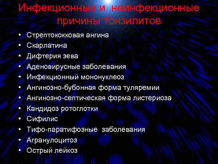 Инфекционные и неинфекционные причины тонзилитов • • • Стрептококковая ангина Скарлатина Дифтерия зева Аденовирусные