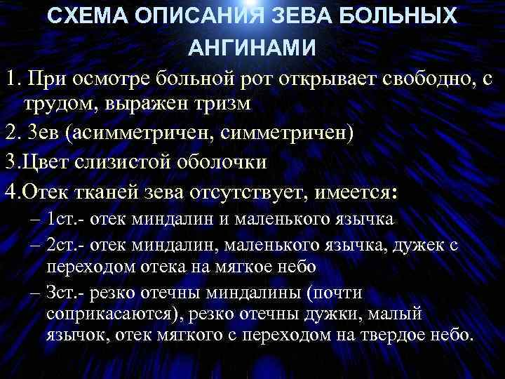 СХЕМА ОПИСАНИЯ ЗЕВА БОЛЬНЫХ АНГИНАМИ 1. При осмотре больной рот открывает свободно, с трудом,