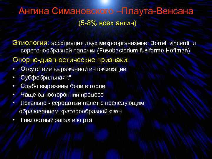 Ангина Симановского –Плаута-Венсана (5 -8% всех ангин) Этиология: ассоциация двух микроорганизмов: Borreli vincenti и