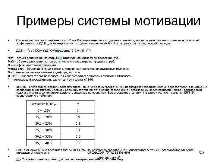 Примеры системы мотивации • Система мотивации специалиста по сбыту: Размер ежемесячного дополнительного дохода за