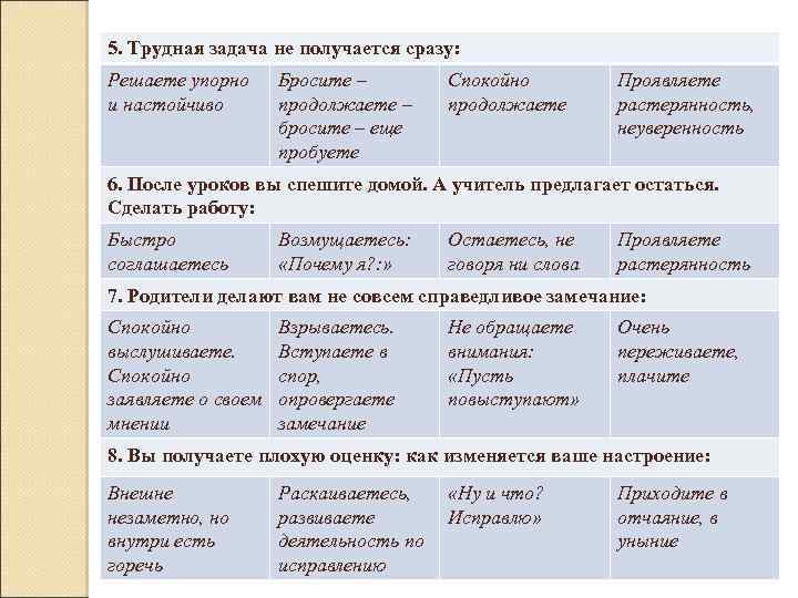 5. Трудная задача не получается сразу: Решаете упорно и настойчиво Бросите – продолжаете –