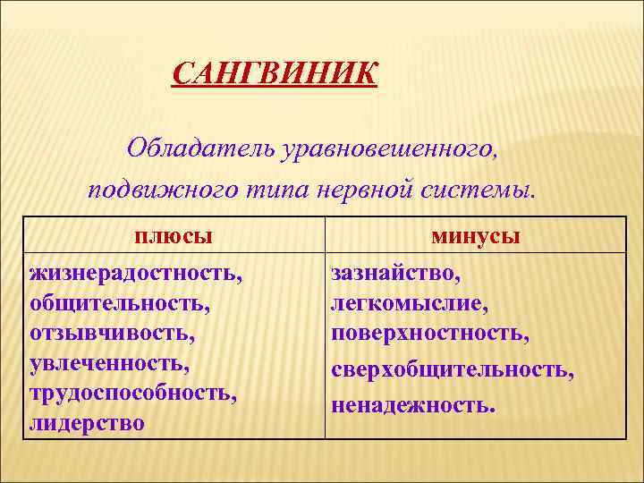 САНГВИНИК Обладатель уравновешенного, подвижного типа нервной системы. плюсы жизнерадостность, общительность, отзывчивость, увлеченность, трудоспособность, лидерство