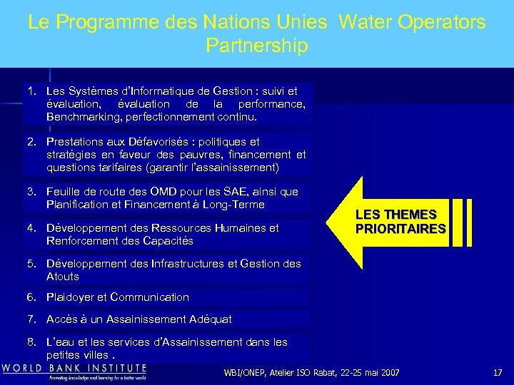 Le Programme des Nations Unies Water Operators Partnership 1. Les Systèmes d’Informatique de Gestion
