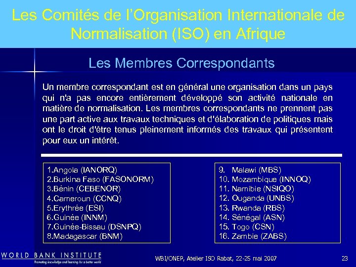 Les Comités de l’Organisation Internationale de Normalisation (ISO) en Afrique Les Membres Correspondants Un