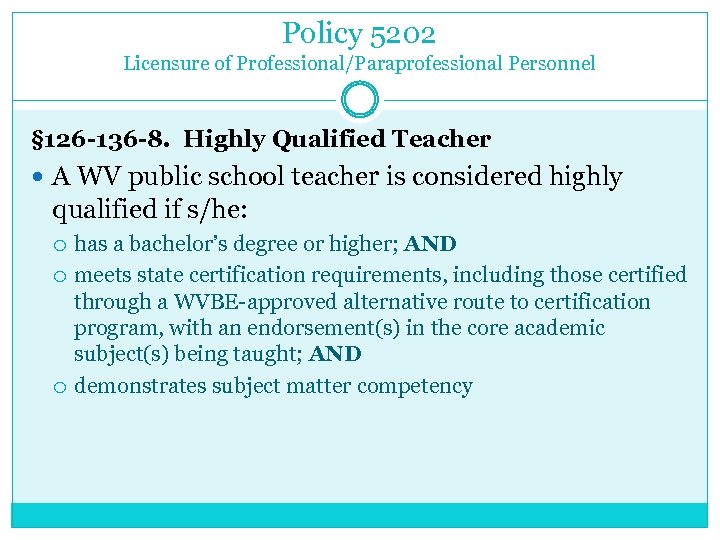 Policy 5202 Licensure of Professional/Paraprofessional Personnel § 126 -136 -8. Highly Qualified Teacher A